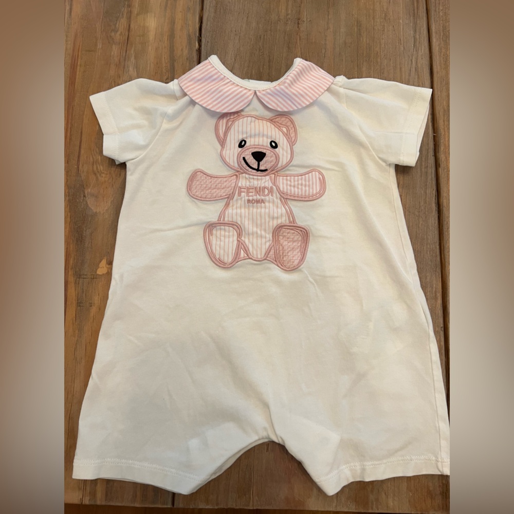 FENDI White Baby Onesie with Pink Teddy Detail